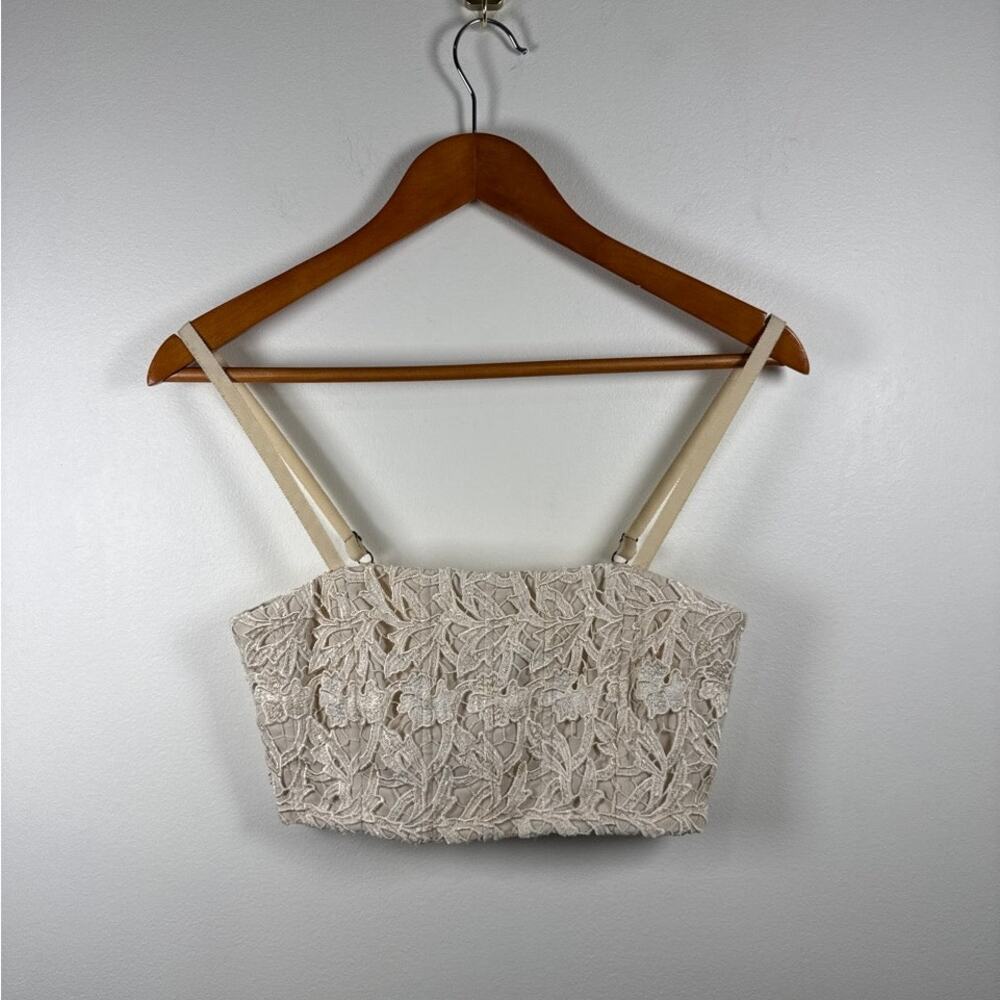 alice + olivia Lace Embroidered Cropped Bustier Bandeau Top in Ivory